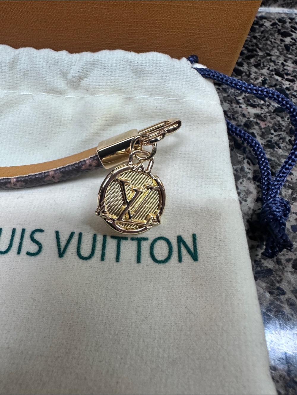 Louis Vuitton Brown Leather Bracelet with Gold LV Charm - Picture 2 of 12